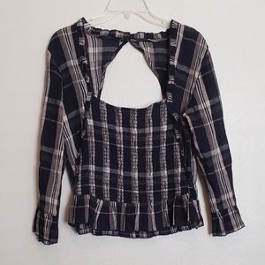 Free People NEW Plaid Shirred Ruffled Top
